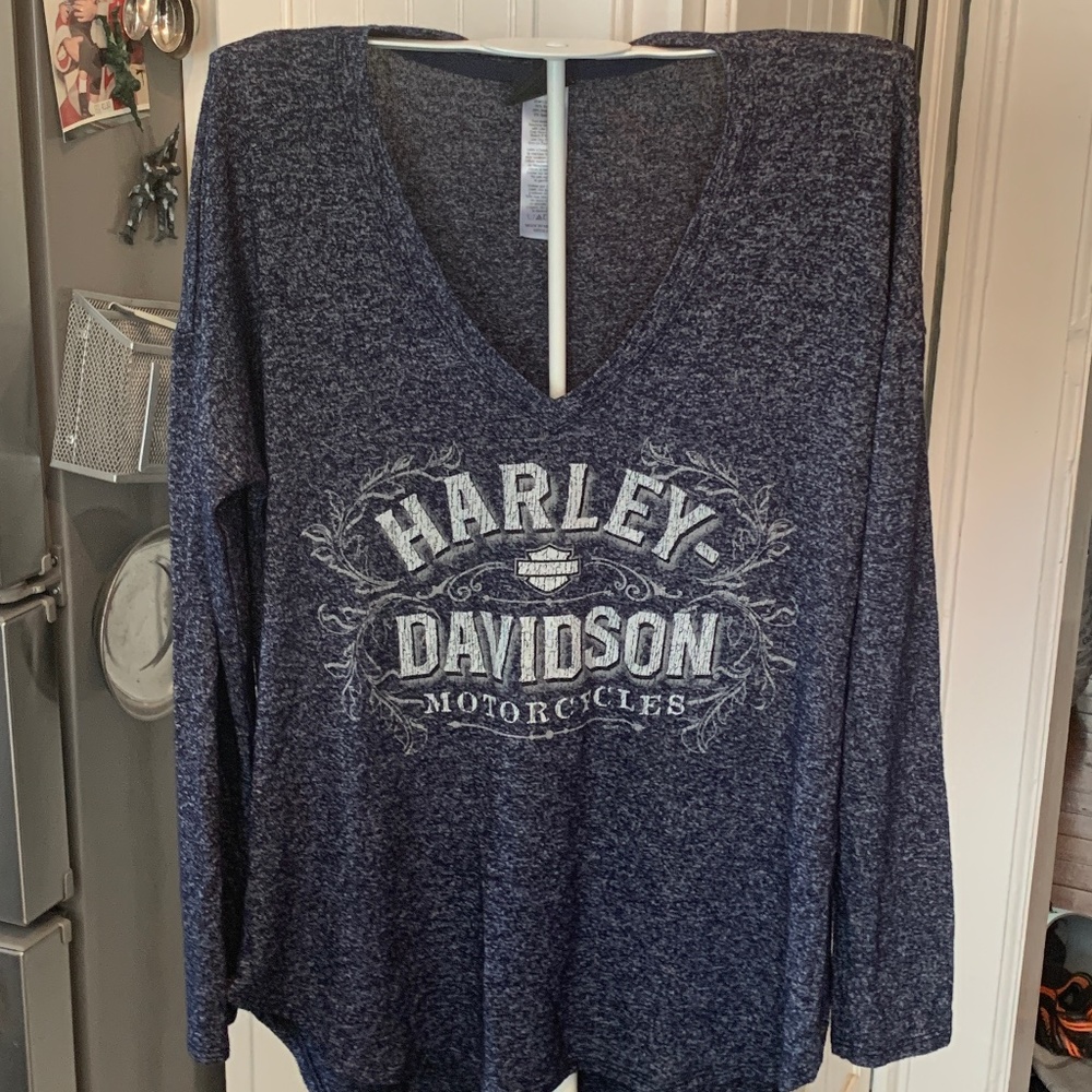 Harley-Davidson Women's Navy V-Neck Graphic Long Sleeve Top